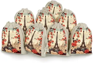 GHBNK Paris Vintage Floral Burlap Bags 8PC Drawstring Bags Small Burlap Gift Pouches for Jewelry,Travel Storage