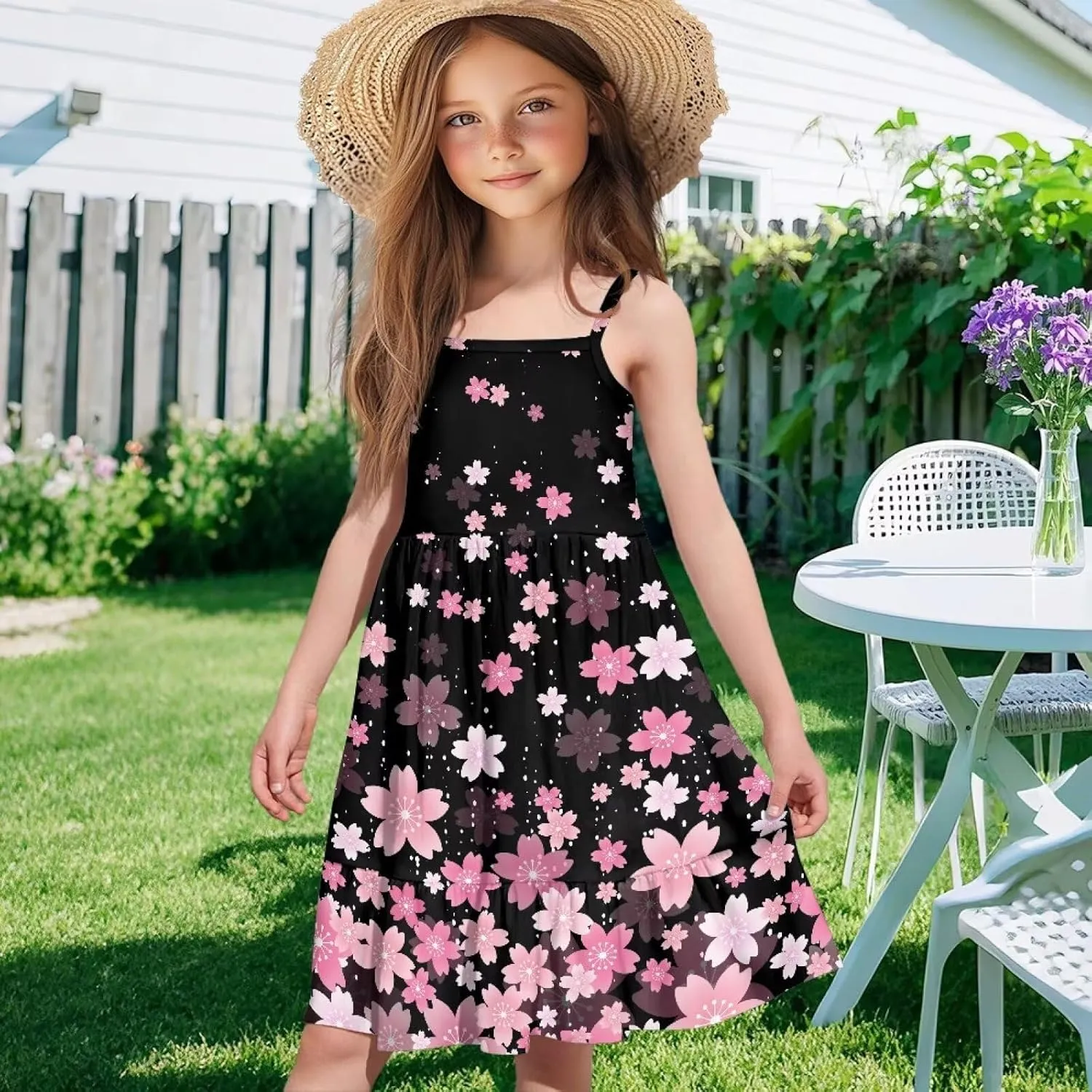 Girls Summer Dress Size 3T-14Y Sleeveless Straps Tiered Swing Sundress