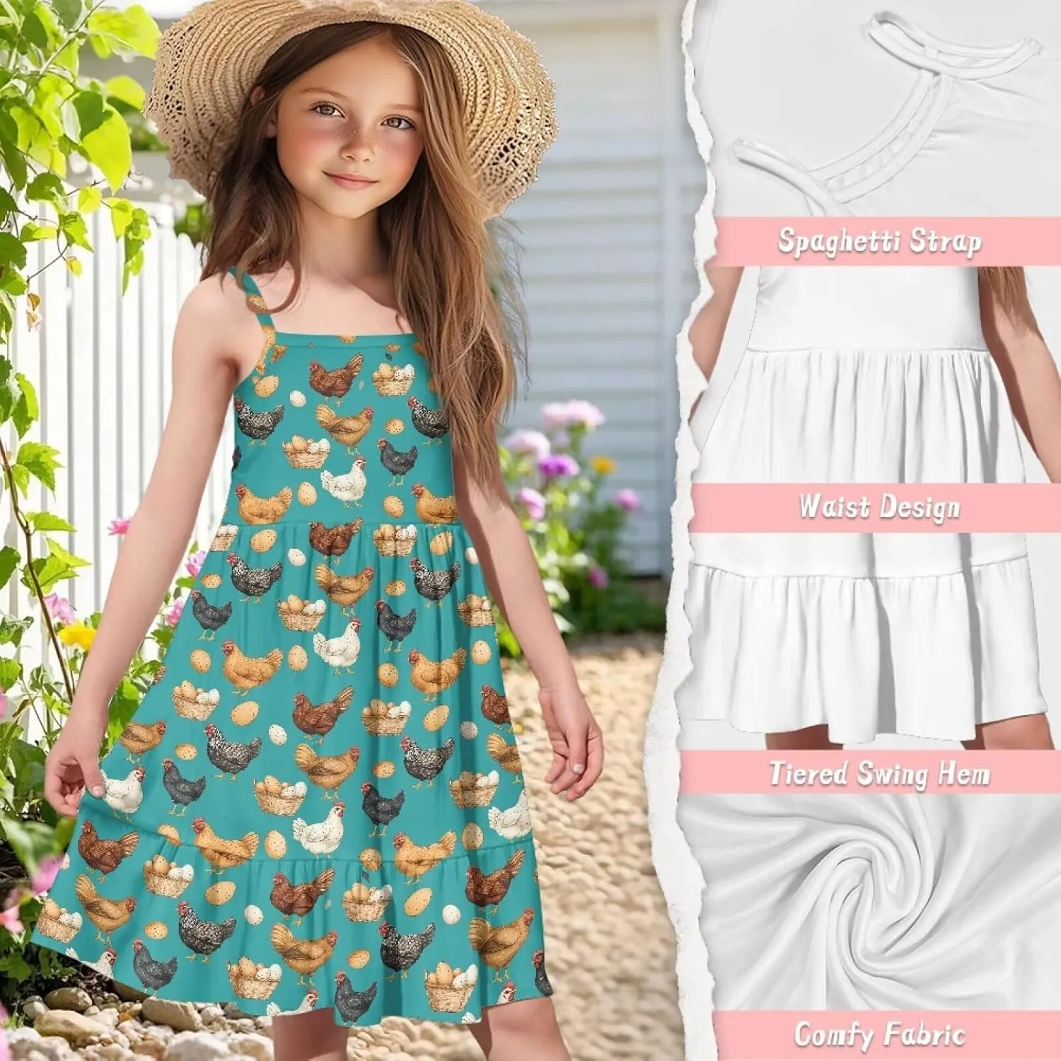 Girls Summer Dress Size 3T-14Y Sleeveless Straps Tiered Swing Sundress