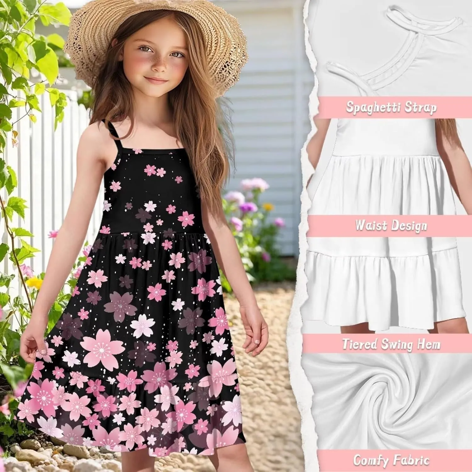 Girls Summer Dress Size 3T-14Y Sleeveless Straps Tiered Swing Sundress