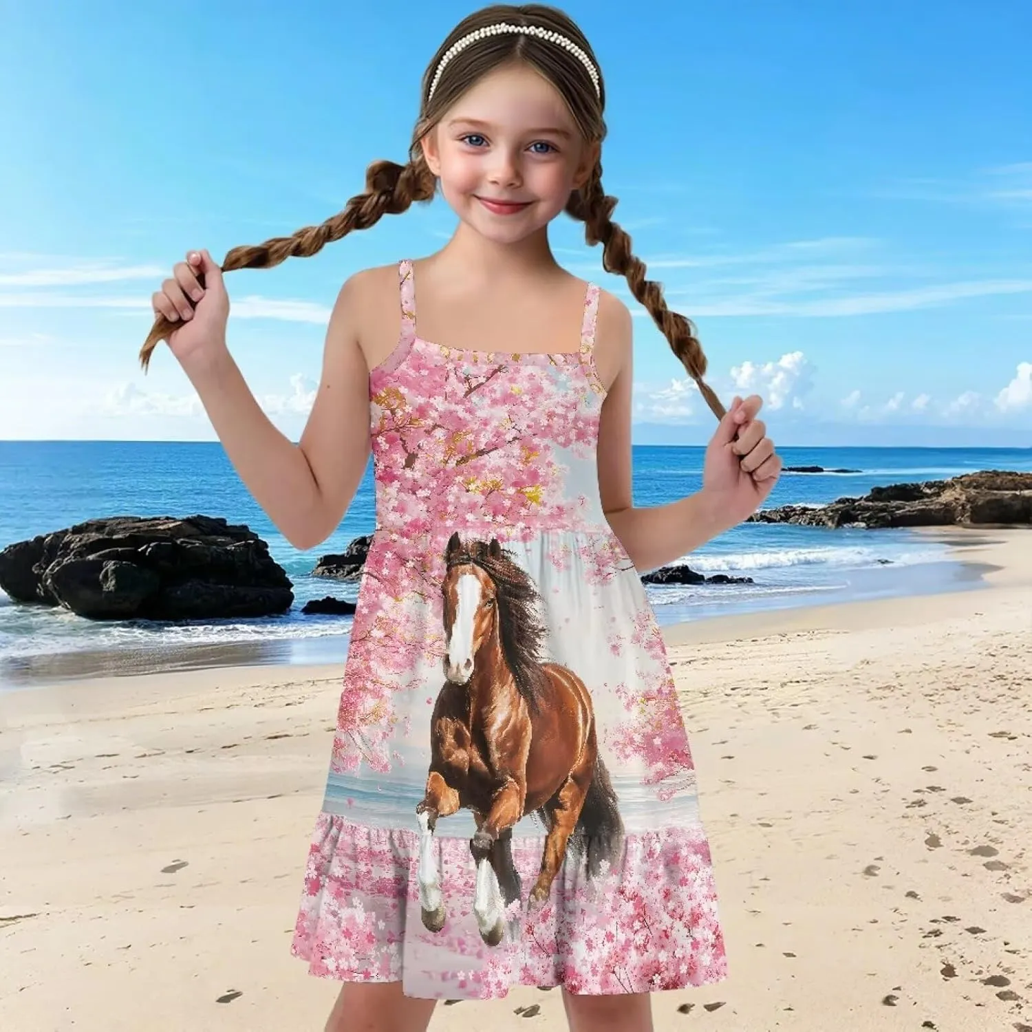 Girls Summer Dress Size 3T-14Y Sleeveless Straps Tiered Swing Sundress