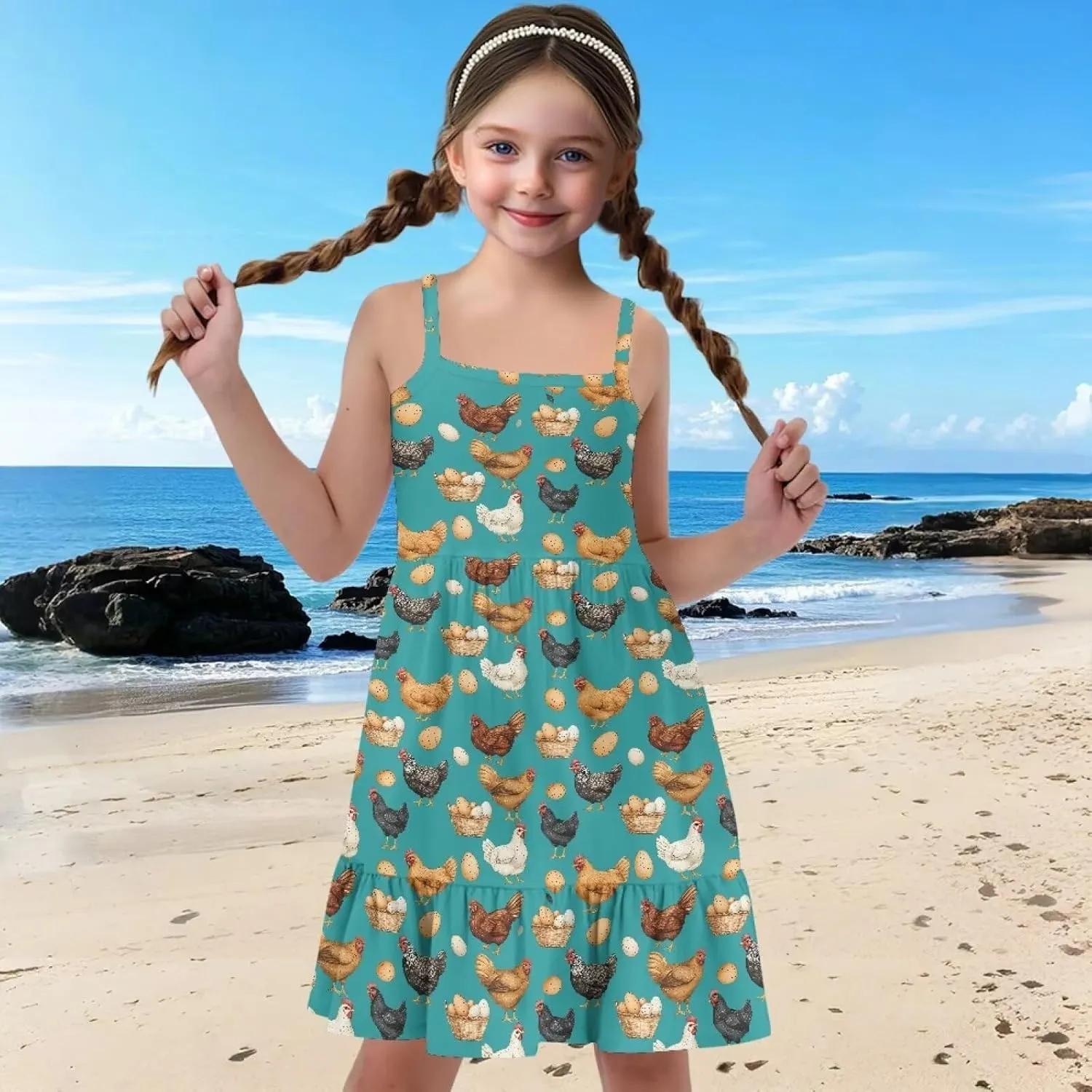 Girls Summer Dress Size 3T-14Y Sleeveless Straps Tiered Swing Sundress