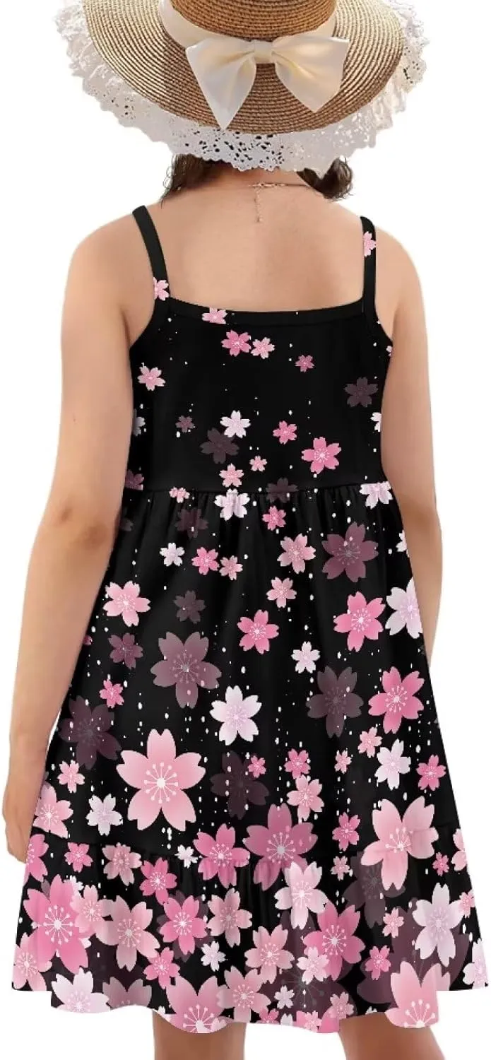 Girls Summer Dress Size 3T-14Y Sleeveless Straps Tiered Swing Sundress
