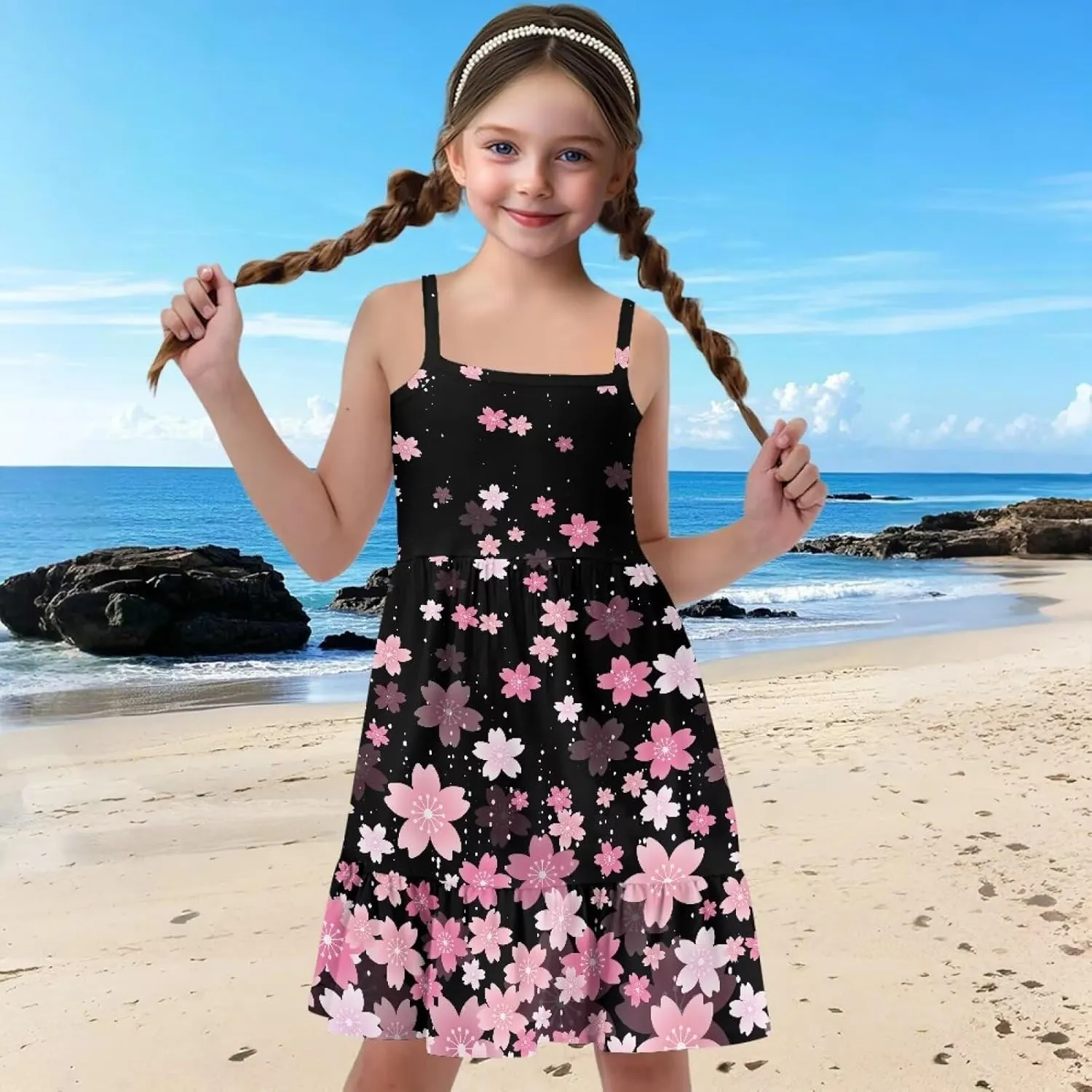 Girls Summer Dress Size 3T-14Y Sleeveless Straps Tiered Swing Sundress
