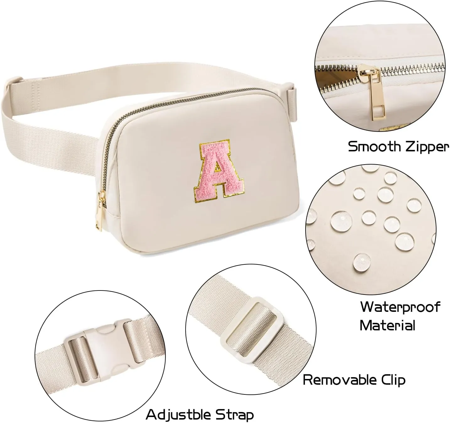 Gitus Belt Bag Fanny Pack Crossbody Bags with Initial Letter Patch Cute Stuff Birthday Gifts for Teenager Girls Cool Stuff for Teens Trendy Preppy Stuff for Teen Girls (Beige-A)