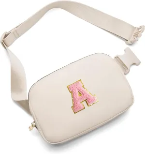Gitus Belt Bag Fanny Pack Crossbody Bags with Initial Letter Patch Cute Stuff Birthday Gifts for Teenager Girls Cool Stuff for Teens Trendy Preppy Stuff for Teen Girls (Beige-A)