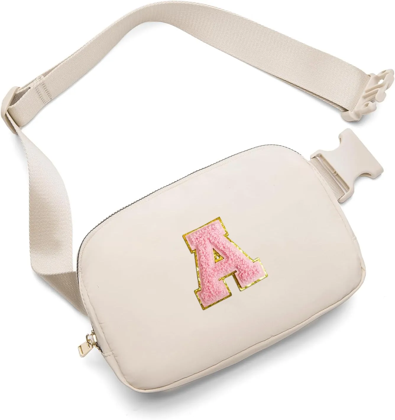 Gitus Belt Bag Fanny Pack Crossbody Bags with Initial Letter Patch Cute Stuff Birthday Gifts for Teenager Girls Cool Stuff for Teens Trendy Preppy Stuff for Teen Girls (Beige-A)