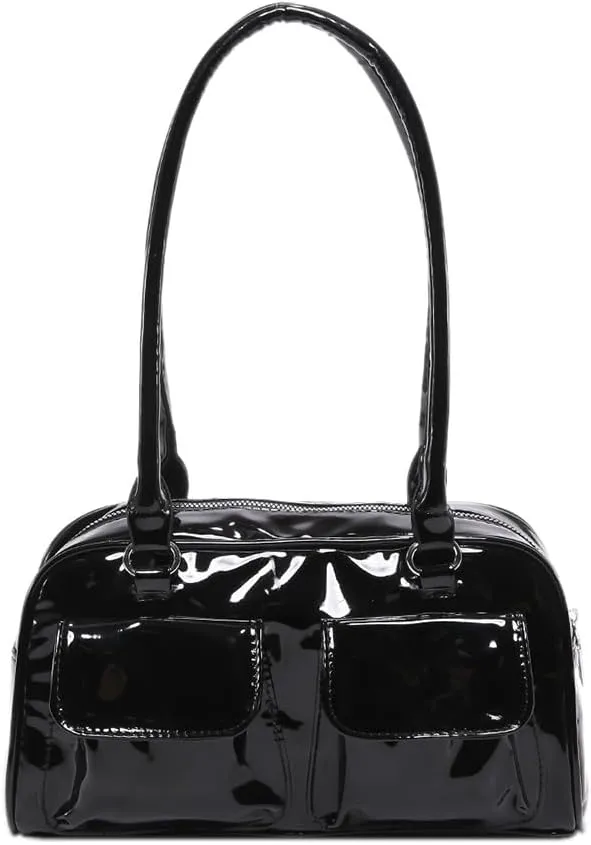 Glossy Black Patent PU Leather Handbag with Top Handles