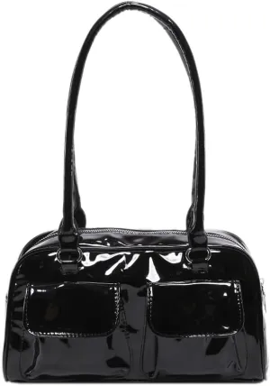 Glossy Black Patent PU Leather Handbag with Top Handles