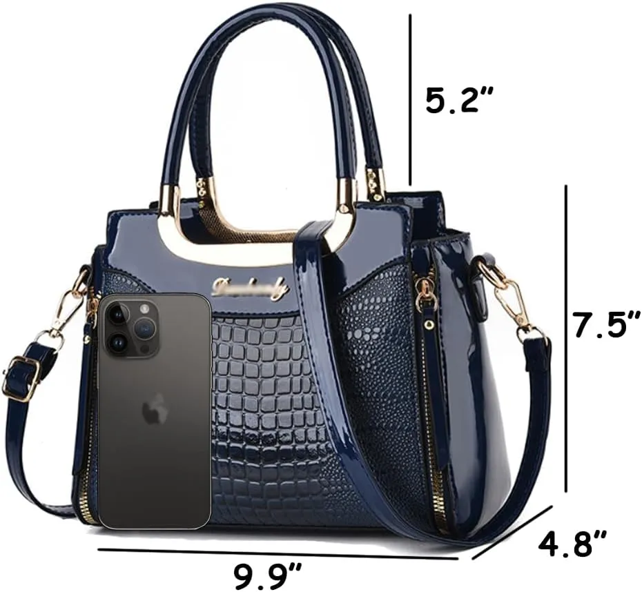 Glossy Patent Leather Handbags Purses for Women Satchel Crocodile Pattern Top Handle Handbag Ladies Shoulder Bag