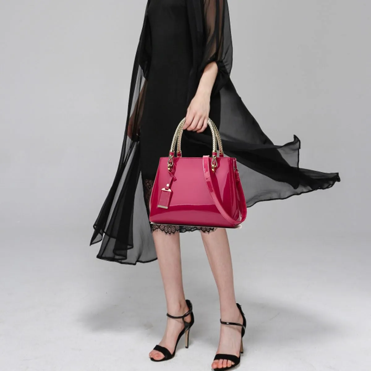 Glossy Women Handbag Shiny Patent Leather Top-Handle Bag Medium Shoulder Bag Tote Evening Purse Party Satchel