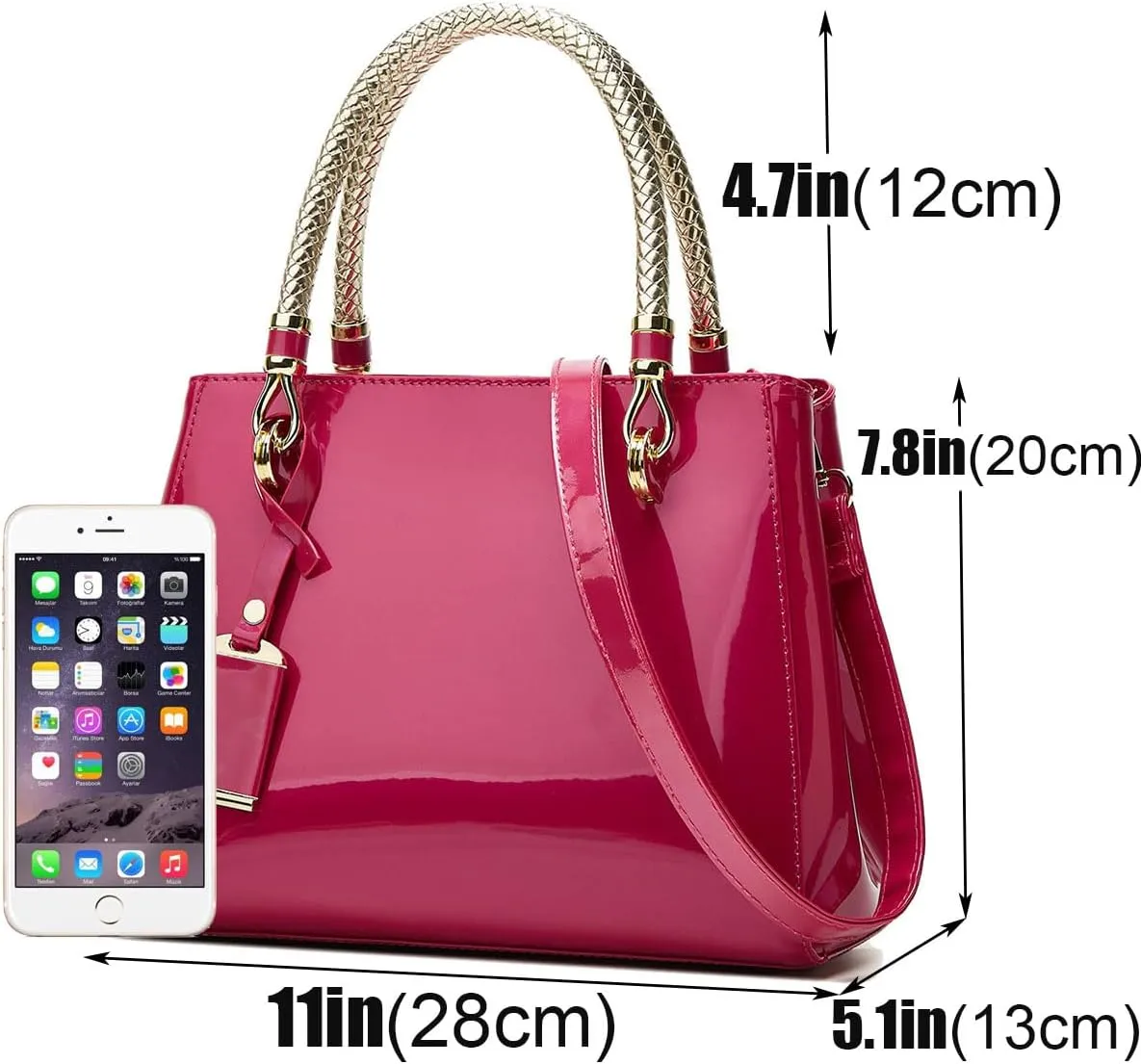 Glossy Women Handbag Shiny Patent Leather Top-Handle Bag Medium Shoulder Bag Tote Evening Purse Party Satchel