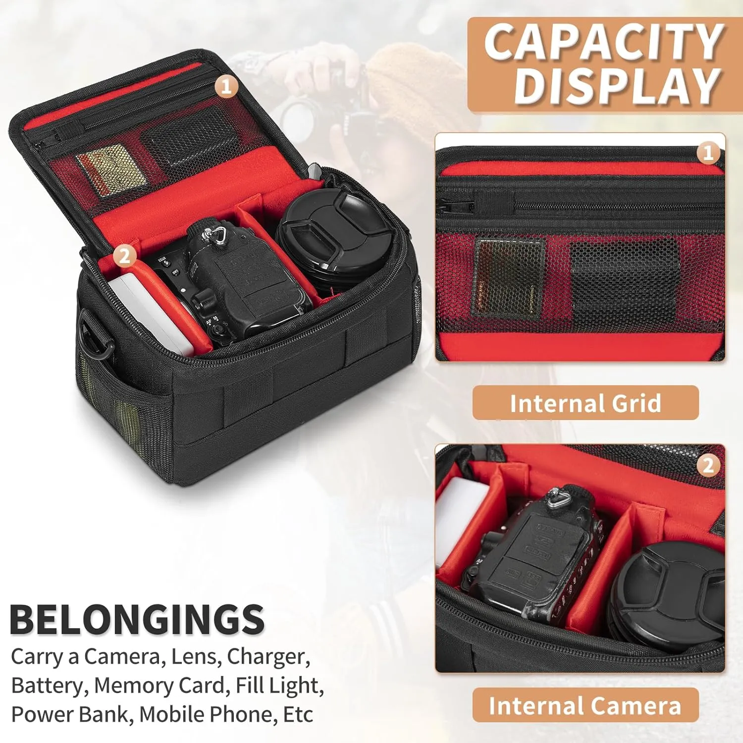 GMAK Small Camera Carrying Bag for Photographers, Anti-shock Camera Shoulder Bags with Water-resistant Rain Cover, Camera Case Compatible for DSLR/SLR/Mirrorless Camera, 7.3'' × 4.2'' × 5.7'', Black