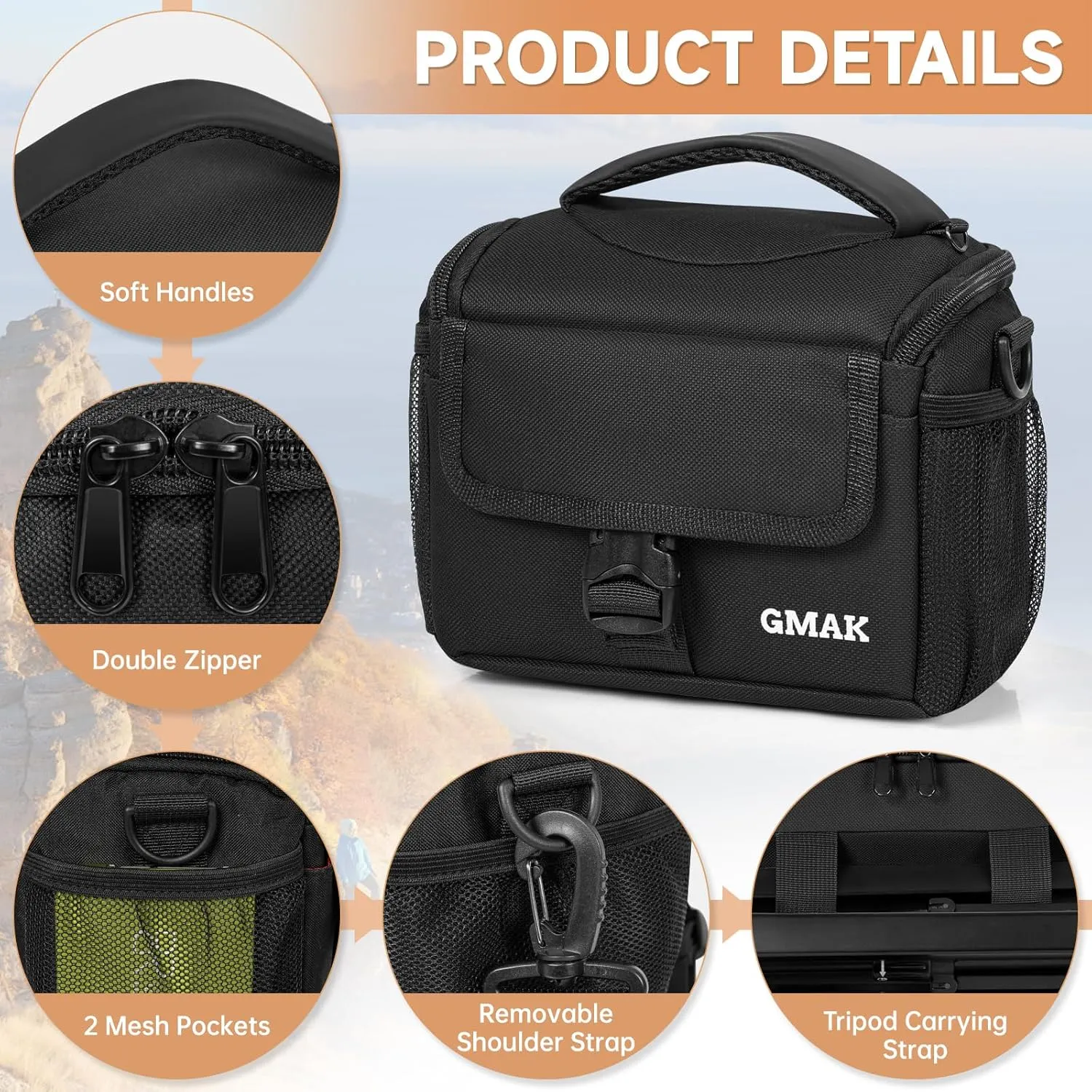 GMAK Small Camera Carrying Bag for Photographers, Anti-shock Camera Shoulder Bags with Water-resistant Rain Cover, Camera Case Compatible for DSLR/SLR/Mirrorless Camera, 7.3'' × 4.2'' × 5.7'', Black