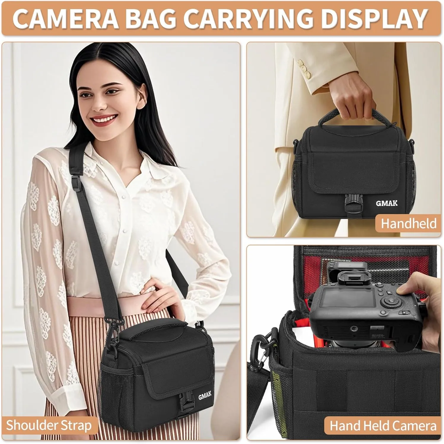 GMAK Small Camera Carrying Bag for Photographers, Anti-shock Camera Shoulder Bags with Water-resistant Rain Cover, Camera Case Compatible for DSLR/SLR/Mirrorless Camera, 7.3'' × 4.2'' × 5.7'', Black