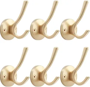 Gold Wall Hooks, 6 Pack Coat Robe Hook Heavy Duty Metal Double Bath Hook Wall Mounted, Hand Towel Hooks for Cubicle Bathroom Kitchen Closet Garage