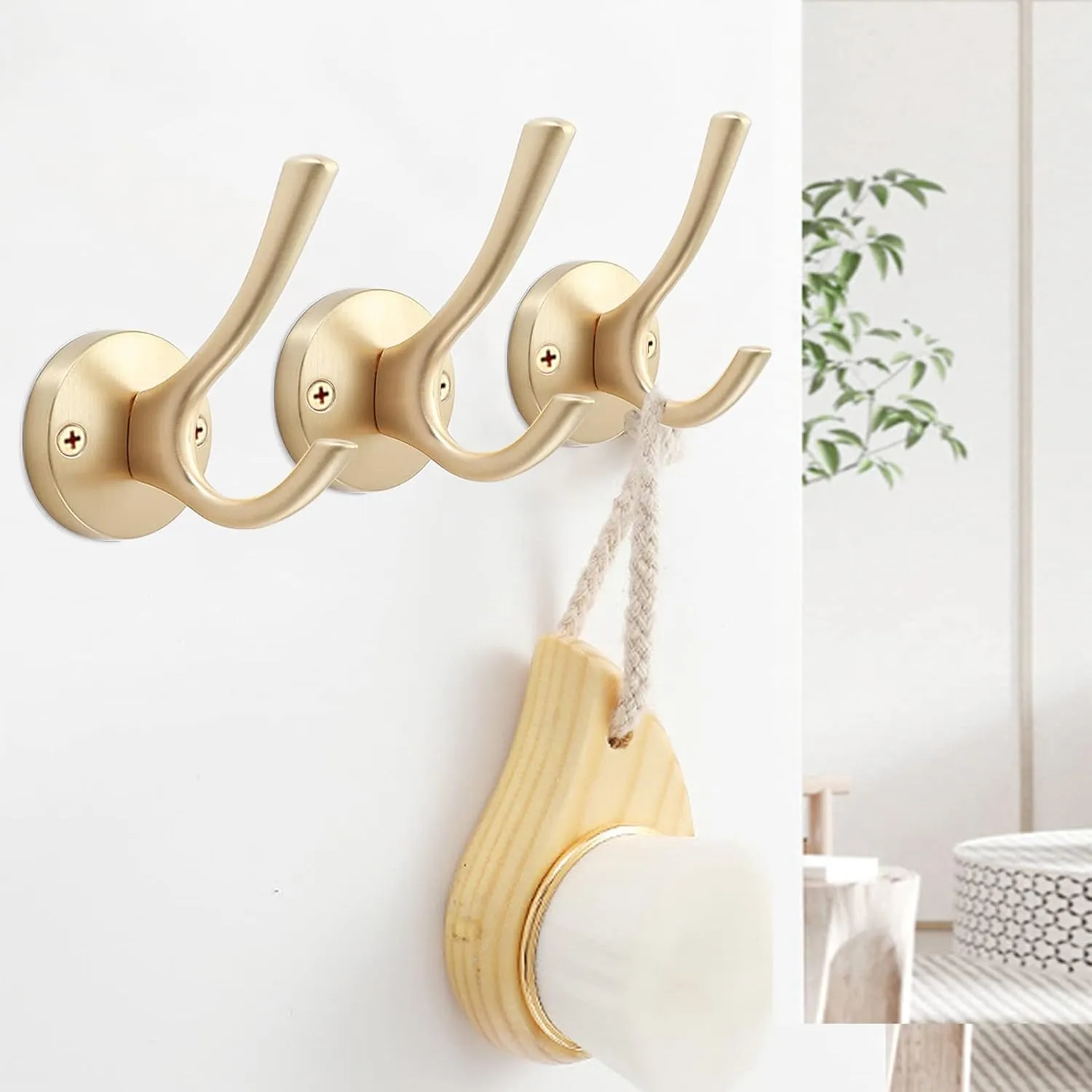 Gold Wall Hooks, 6 Pack Coat Robe Hook Heavy Duty Metal Double Bath Hook Wall Mounted, Hand Towel Hooks for Cubicle Bathroom Kitchen Closet Garage