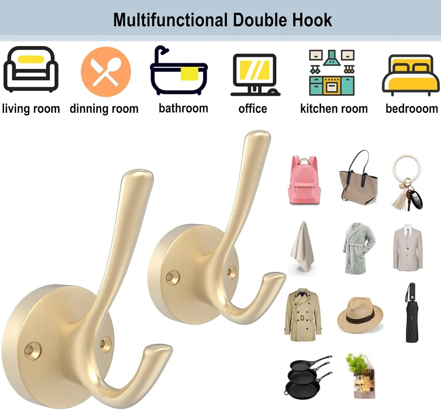Gold Wall Hooks, 6 Pack Coat Robe Hook Heavy Duty Metal Double Bath Hook Wall Mounted, Hand Towel Hooks for Cubicle Bathroom Kitchen Closet Garage