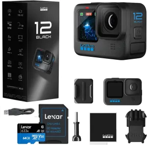 GoPro HERO12 Black - Waterproof Action Camera with 5.3K60 Ultra HD Video, 27MP Photos, HDR, Live Streaming, Webcam, Stabilization   Bundle, 64GB Card and 47 Piece Accessory Kit