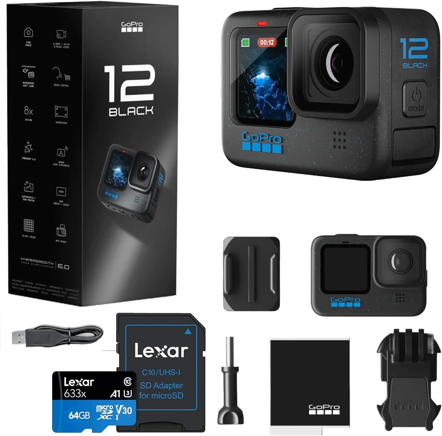 GoPro HERO12 Black - Waterproof Action Camera with 5.3K60 Ultra HD Video, 27MP Photos, HDR, Live Streaming, Webcam, Stabilization   Bundle, 64GB Card and 47 Piece Accessory Kit