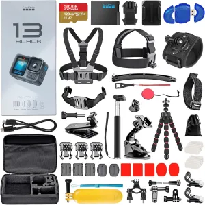 GoPro HERO13 (Hero 13) Black - Waterproof Action Camera with 5.3K, 27MP Photos, Live Streaming, Webcam, Stabilization   128GB Card, Card Reader, 50 Piece Accessory Kit - Bundle