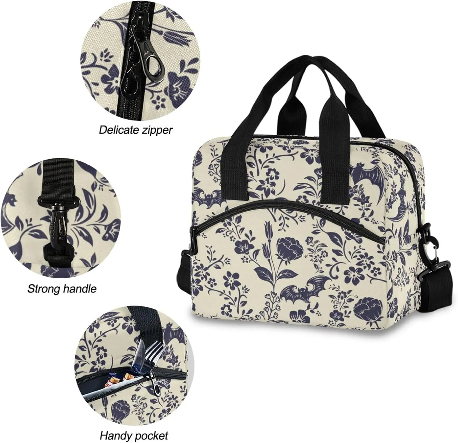 Goth Bat Insulated Lunch Bag Reusable Lunch Tote Bag Cooler Bag for Women Men Adult Lunch Box with Adjustable Shoulder Strap Leakproof Lunch Bag for Work Picnic Camping