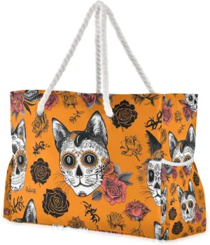 Gothic Skeleton Cat Weekender Overnight Waterproof Sandproof with side pockets Large Beach Totes Bags for Travel Gym Vacation