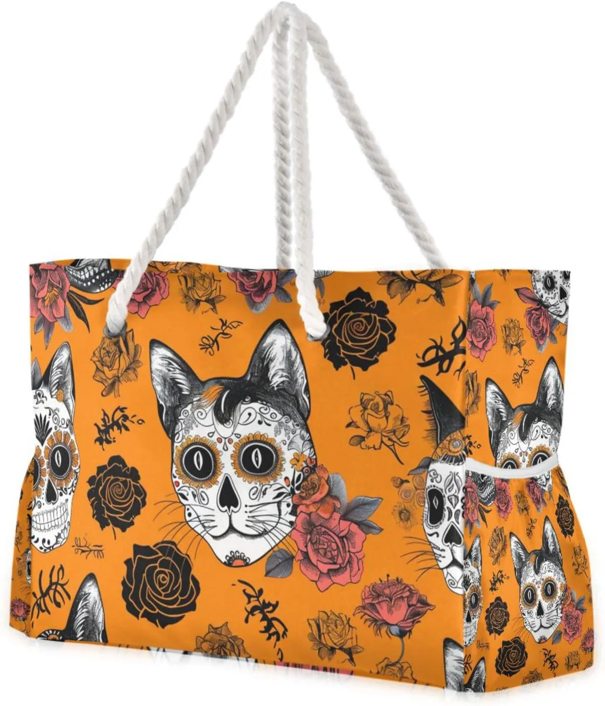Gothic Skeleton Cat Weekender Overnight Waterproof Sandproof with side pockets Large Beach Totes Bags for Travel Gym Vacation