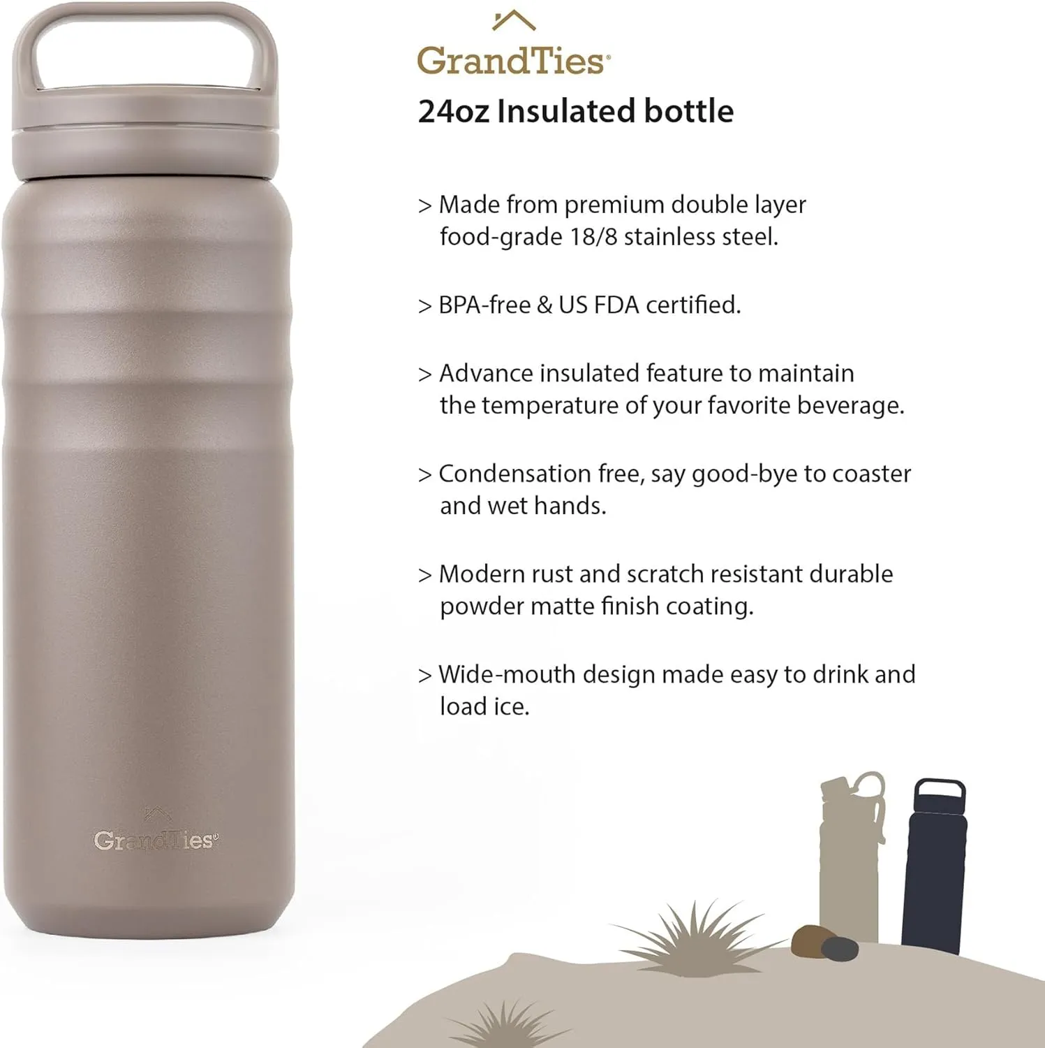 GRANDTIES 2 Lids Sports Stainless Steel Water Bottles – Wide Mouth Vacuum Insulated Reusable Leak Proof BPA-Free Travel Metal Canteen, Thermos Bottles for Men Women Gym (Caffe Latte 24 oz)