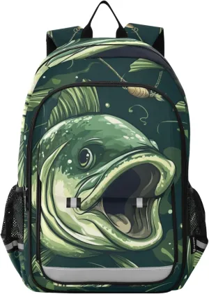 Green Color Bass Tuna Fish Backpack Lightweight Daypack Laptop Backpack College School Bookbag for Boys Girls Kids