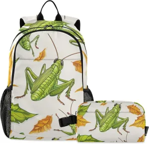 Green Grasshopper Backpack with Lunch Bag, Travel School Backpack for Boys Girls Kids Backpacks Set