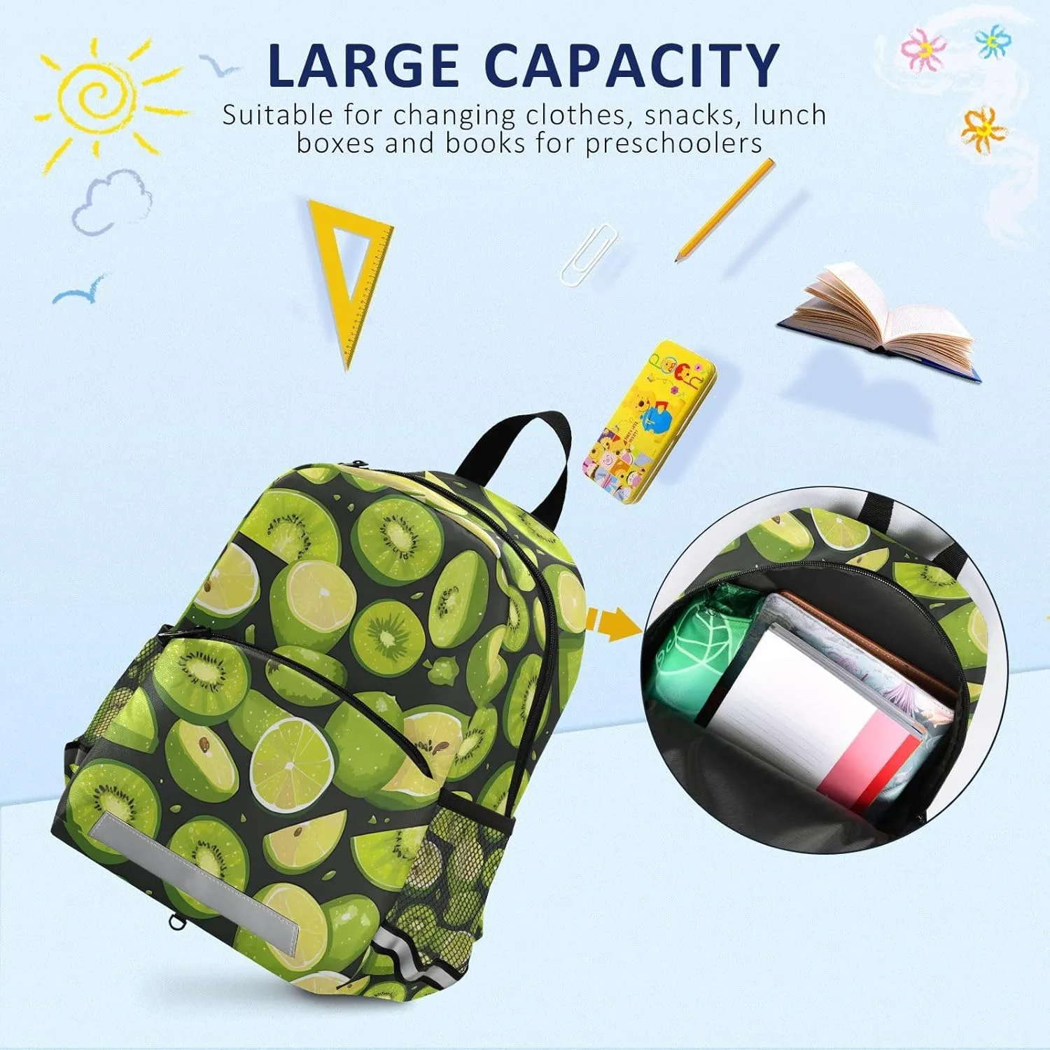 Green Kiwi Lime Girls and Boys Backpack Lightweight Cute Bookbag with Reflective Strips Travel Back Pack