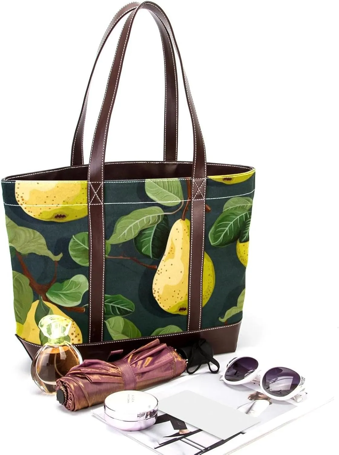 Green Leaves and Yellow Pears-1959 Shoulder Purses for Women Large Soft Washed Leather Purses and Durable Handbags