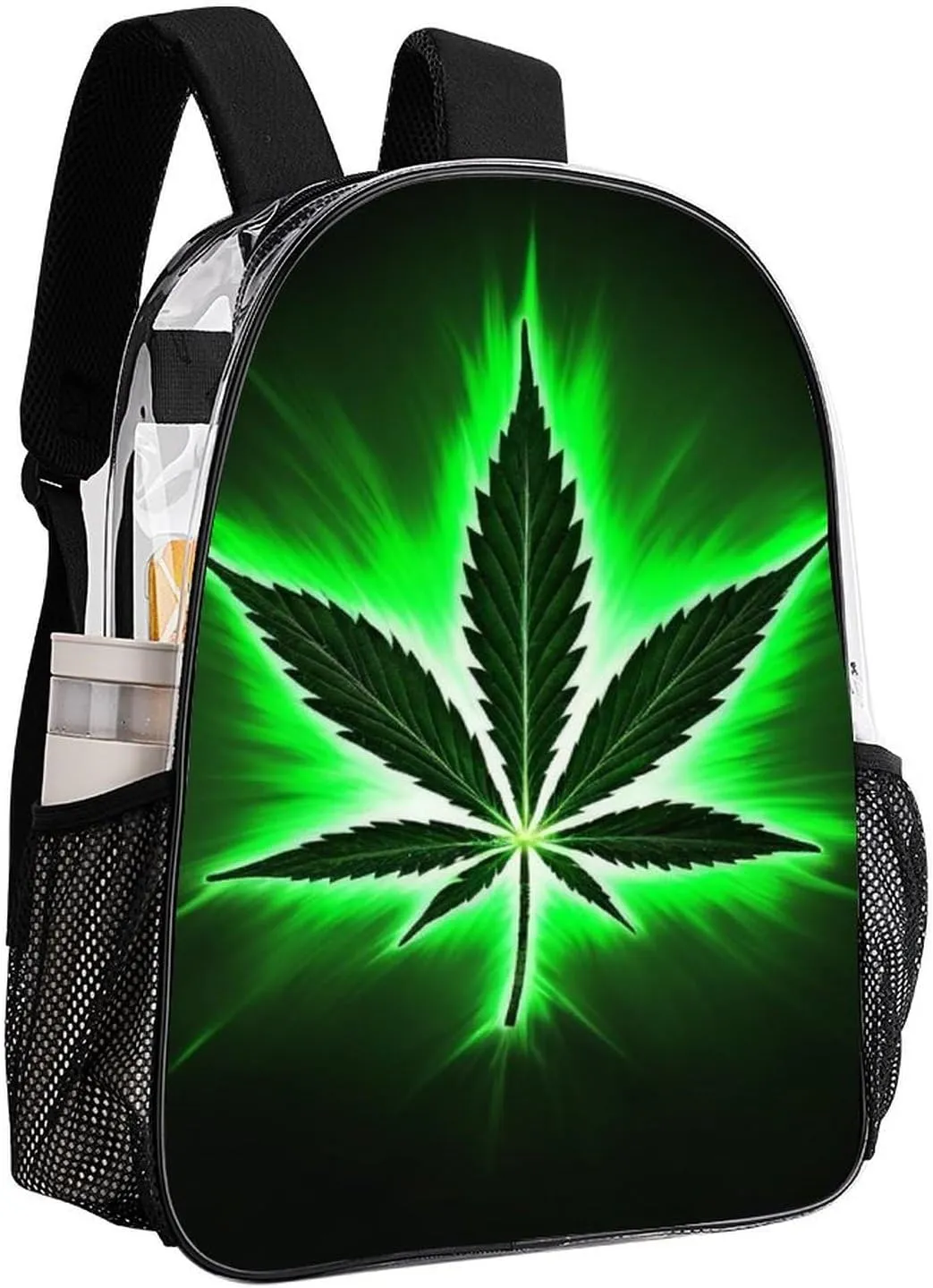 Green Marijuanaweed Leaf Black Rucksack Transparent Anti-Theft Multipurpose Carry On Bag Large Capacity Travel and Sport Backpack Rucksack With Smooth Zippers