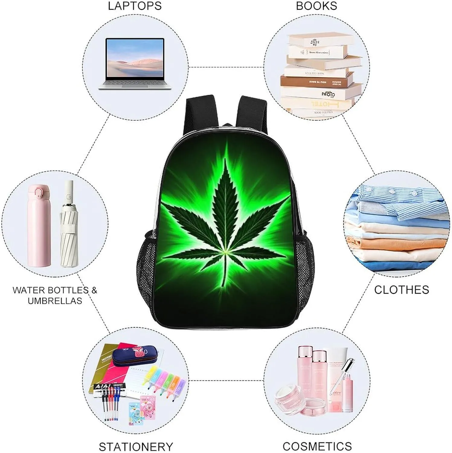 Green Marijuanaweed Leaf Black Rucksack Transparent Anti-Theft Multipurpose Carry On Bag Large Capacity Travel and Sport Backpack Rucksack With Smooth Zippers