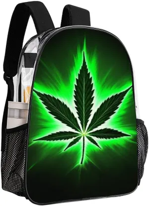 Green Marijuanaweed Leaf Black Rucksack Transparent Anti-Theft Multipurpose Carry On Bag Large Capacity Travel and Sport Backpack Rucksack With Smooth Zippers