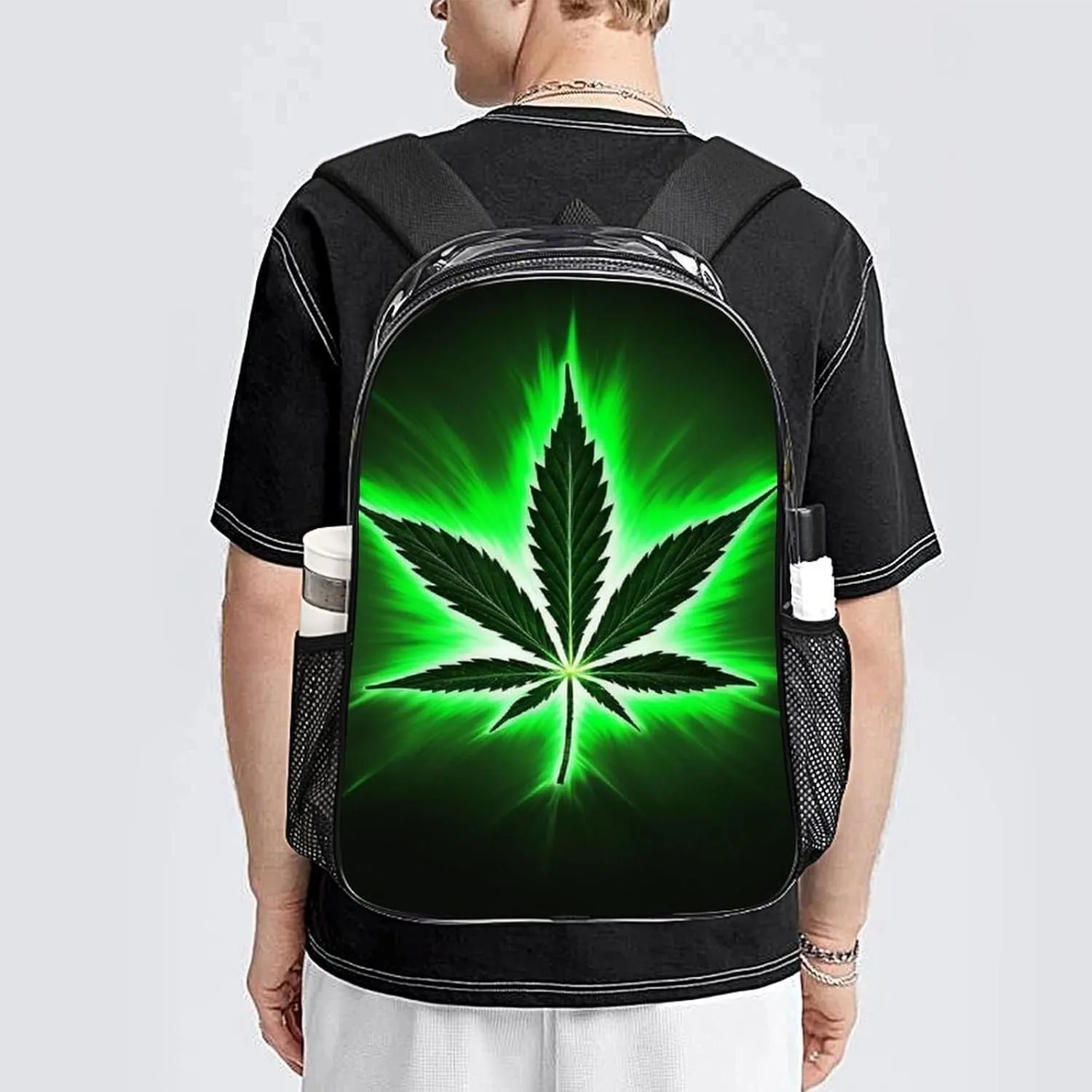 Green Marijuanaweed Leaf Black Rucksack Transparent Anti-Theft Multipurpose Carry On Bag Large Capacity Travel and Sport Backpack Rucksack With Smooth Zippers