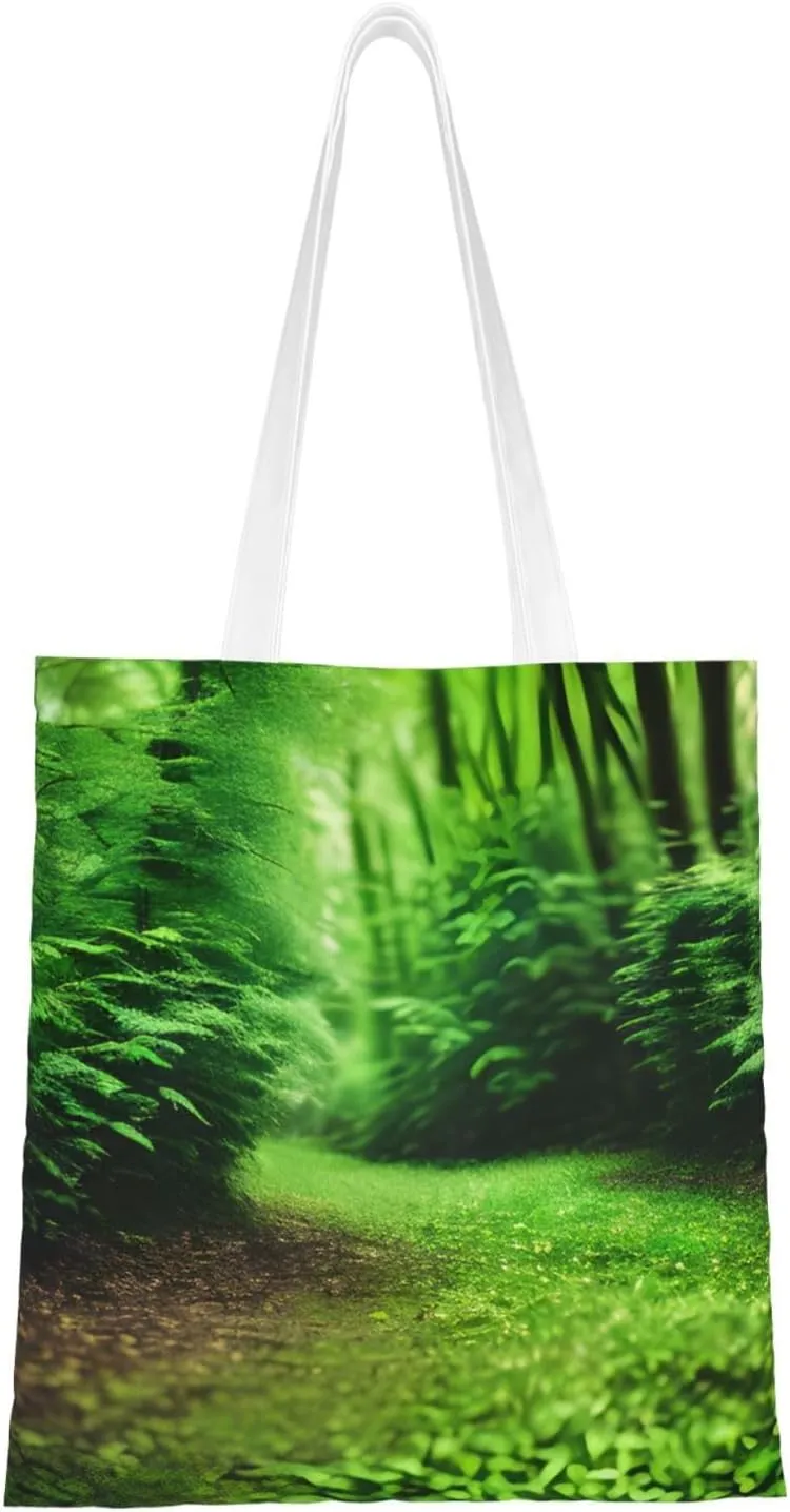 Green Nature Print Canvas Tote Bag Reusable Shoulder Shopping Bags For Daily Use Shopping Travel