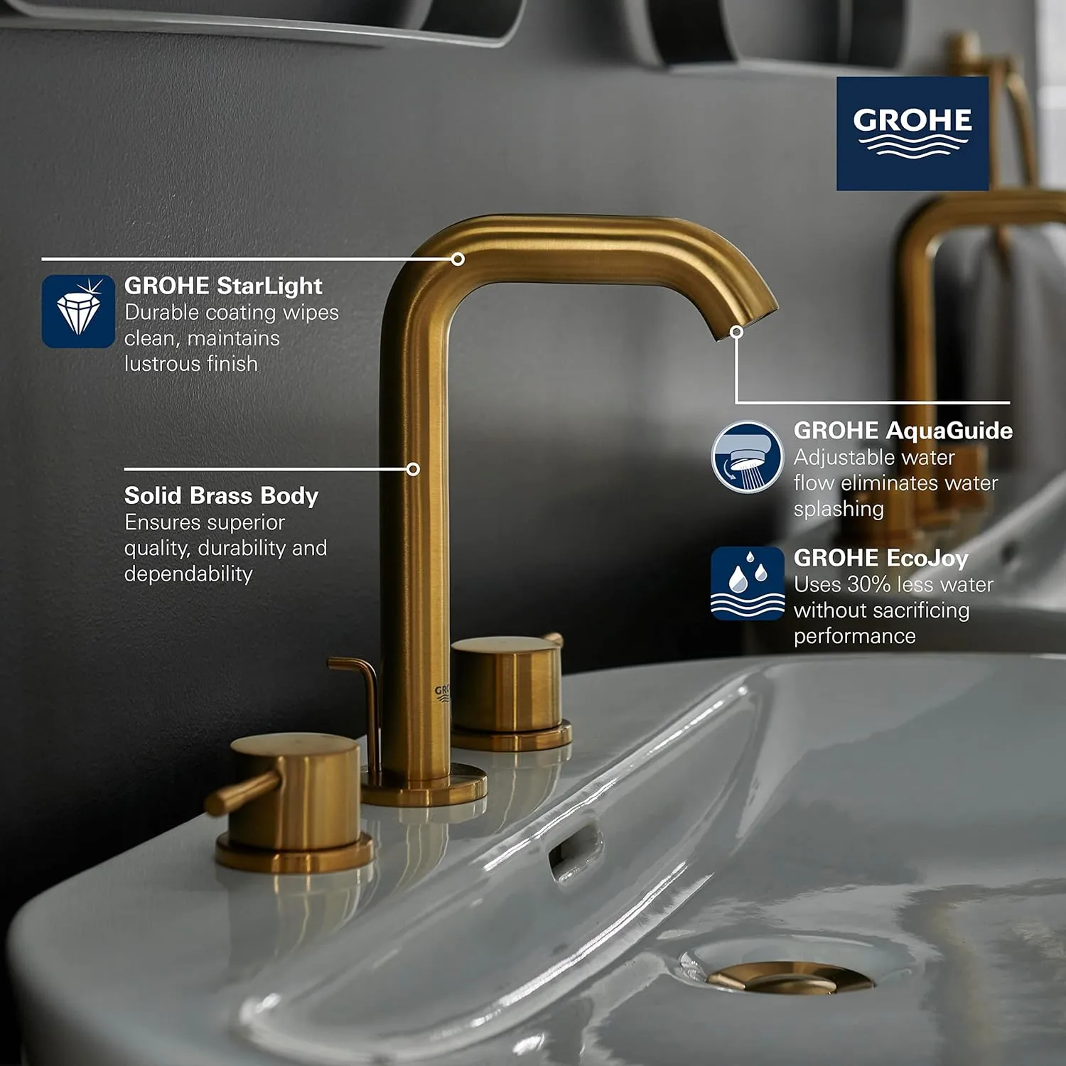 GROHE 20297GNA Essence, 8-inch Widespread 2-Handle M-Size Bathroom Faucet 1.2 GPM, Brushed Cool Sunrise (Brushed Gold)