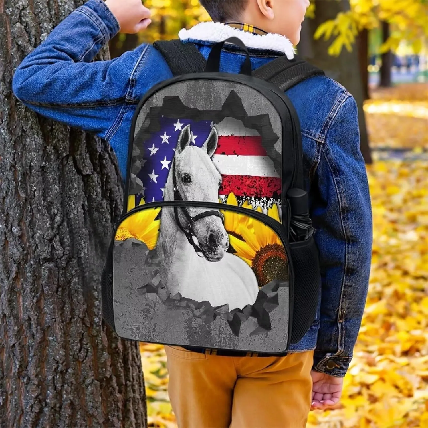 Grunge USA Flag Horse Print School Backpack for Boys Girls, Fashion Book Bag 17 Inch Travel Laptop Bag Lightweight Daypack Rucksack with Ergonomic Straps for Hiking Camping