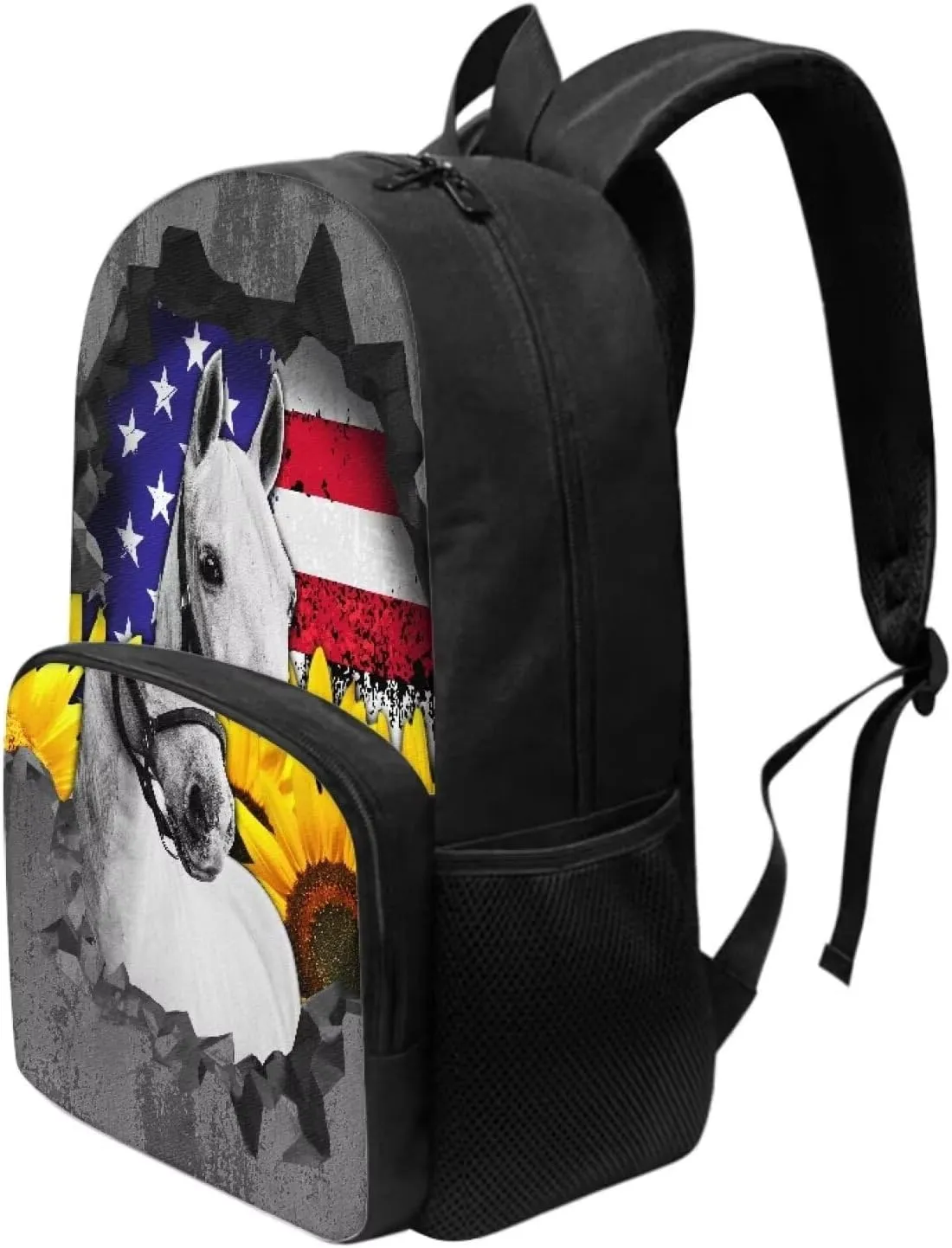 Grunge USA Flag Horse Print School Backpack for Boys Girls, Fashion Book Bag 17 Inch Travel Laptop Bag Lightweight Daypack Rucksack with Ergonomic Straps for Hiking Camping