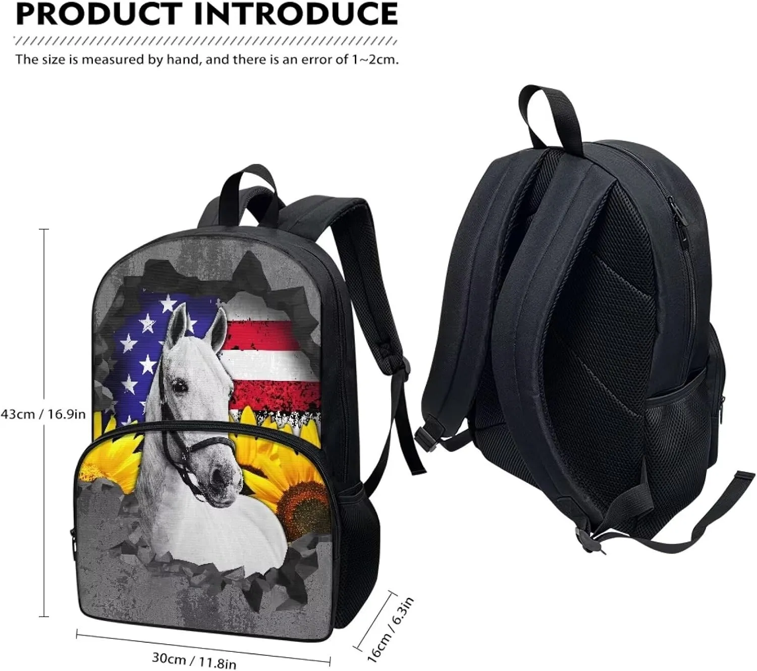 Grunge USA Flag Horse Print School Backpack for Boys Girls, Fashion Book Bag 17 Inch Travel Laptop Bag Lightweight Daypack Rucksack with Ergonomic Straps for Hiking Camping