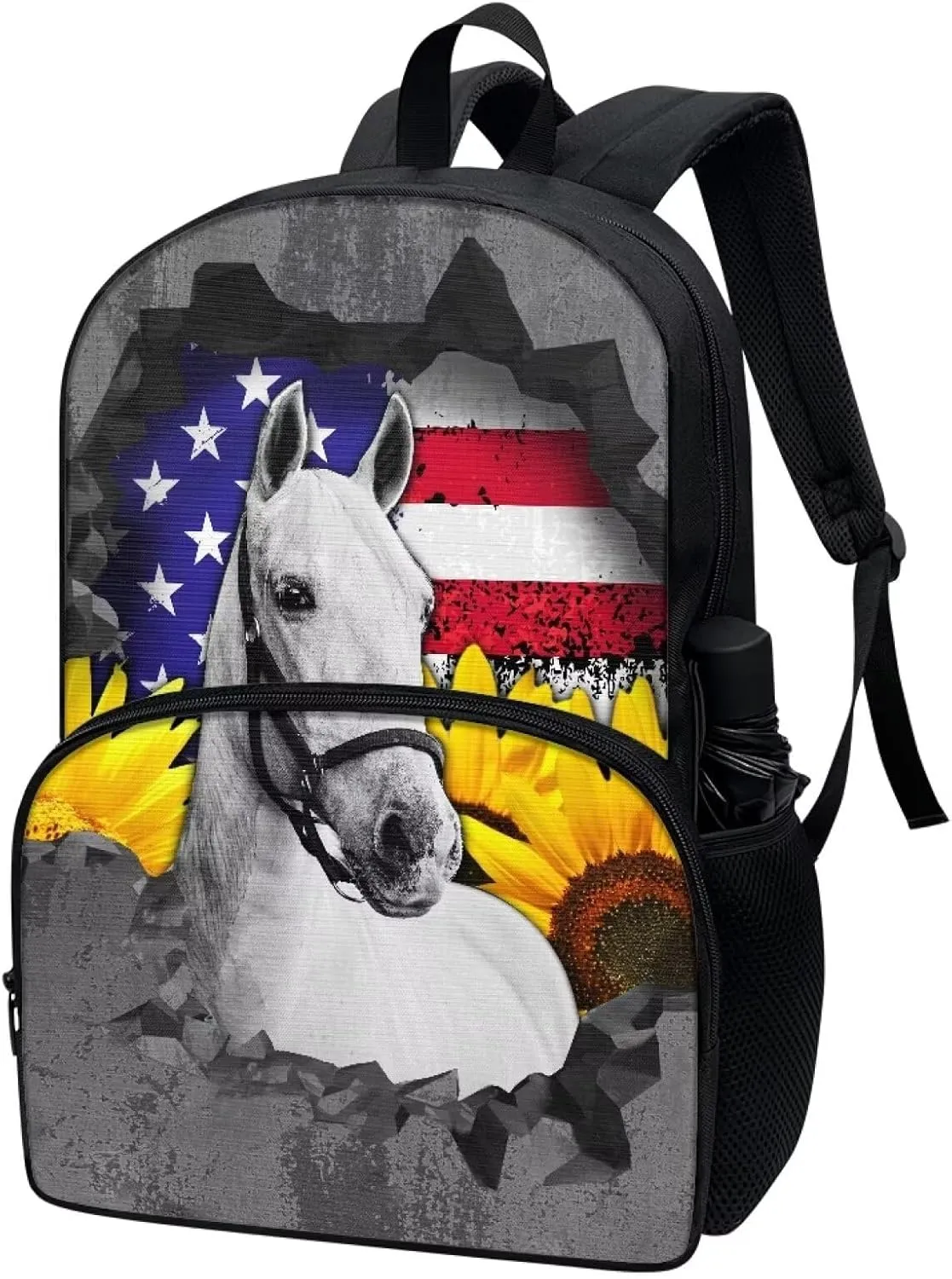 Grunge USA Flag Horse Print School Backpack for Boys Girls, Fashion Book Bag 17 Inch Travel Laptop Bag Lightweight Daypack Rucksack with Ergonomic Straps for Hiking Camping