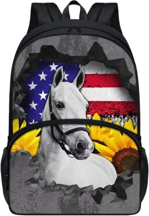 Grunge USA Flag Horse Print School Backpack for Boys Girls, Fashion Book Bag 17 Inch Travel Laptop Bag Lightweight Daypack Rucksack with Ergonomic Straps for Hiking Camping
