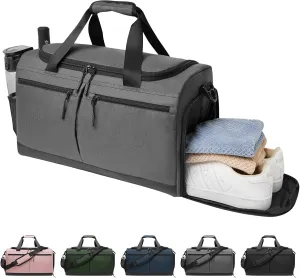 Gym Bag for Men Women, Sport Duffel Bag with Wet Pocket & Shoes Compartment, Lightweight Gym Totes Travel Duffle Bag, Water Resistant Carry On Weekender Overnight Bag for Travel, Yoga, Workout, Grey