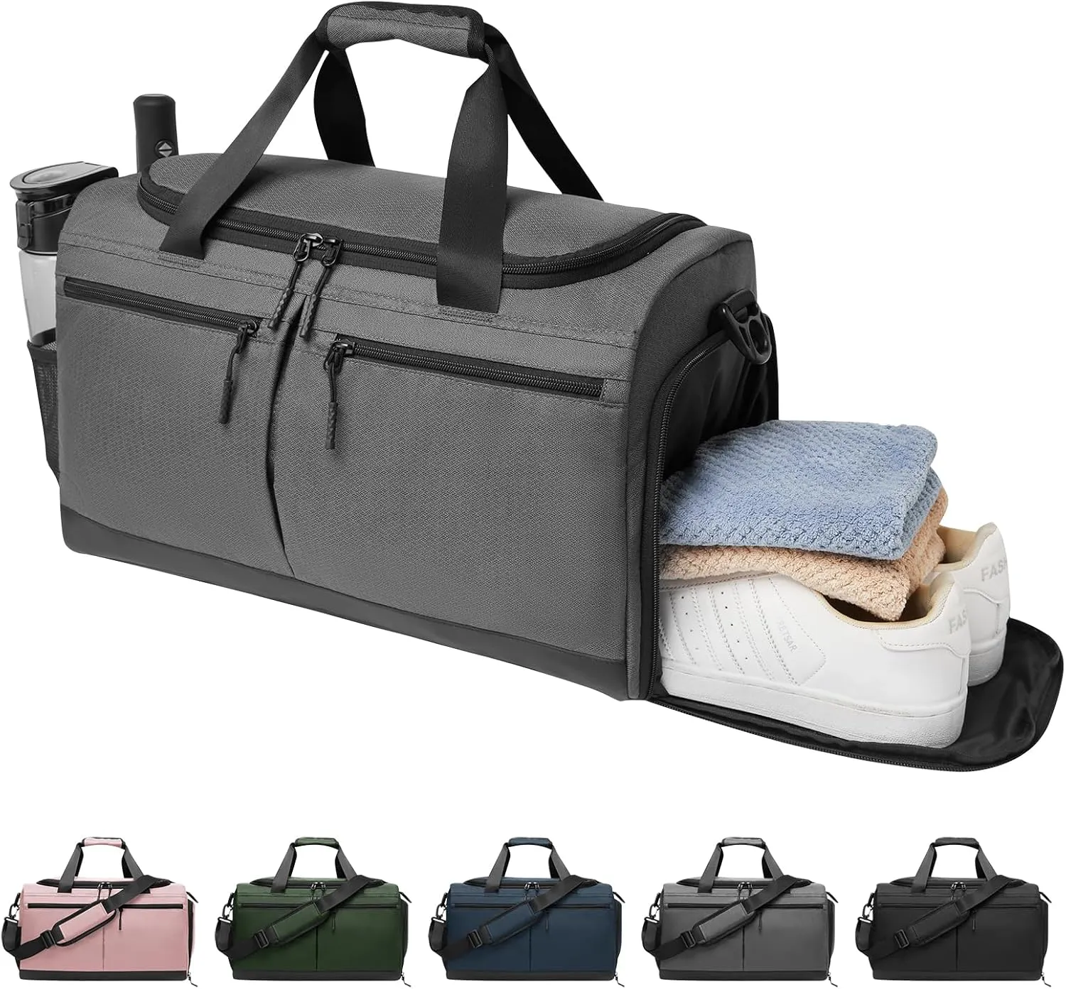 Gym Bag for Men Women, Sport Duffel Bag with Wet Pocket & Shoes Compartment, Lightweight Gym Totes Travel Duffle Bag, Water Resistant Carry On Weekender Overnight Bag for Travel, Yoga, Workout, Grey
