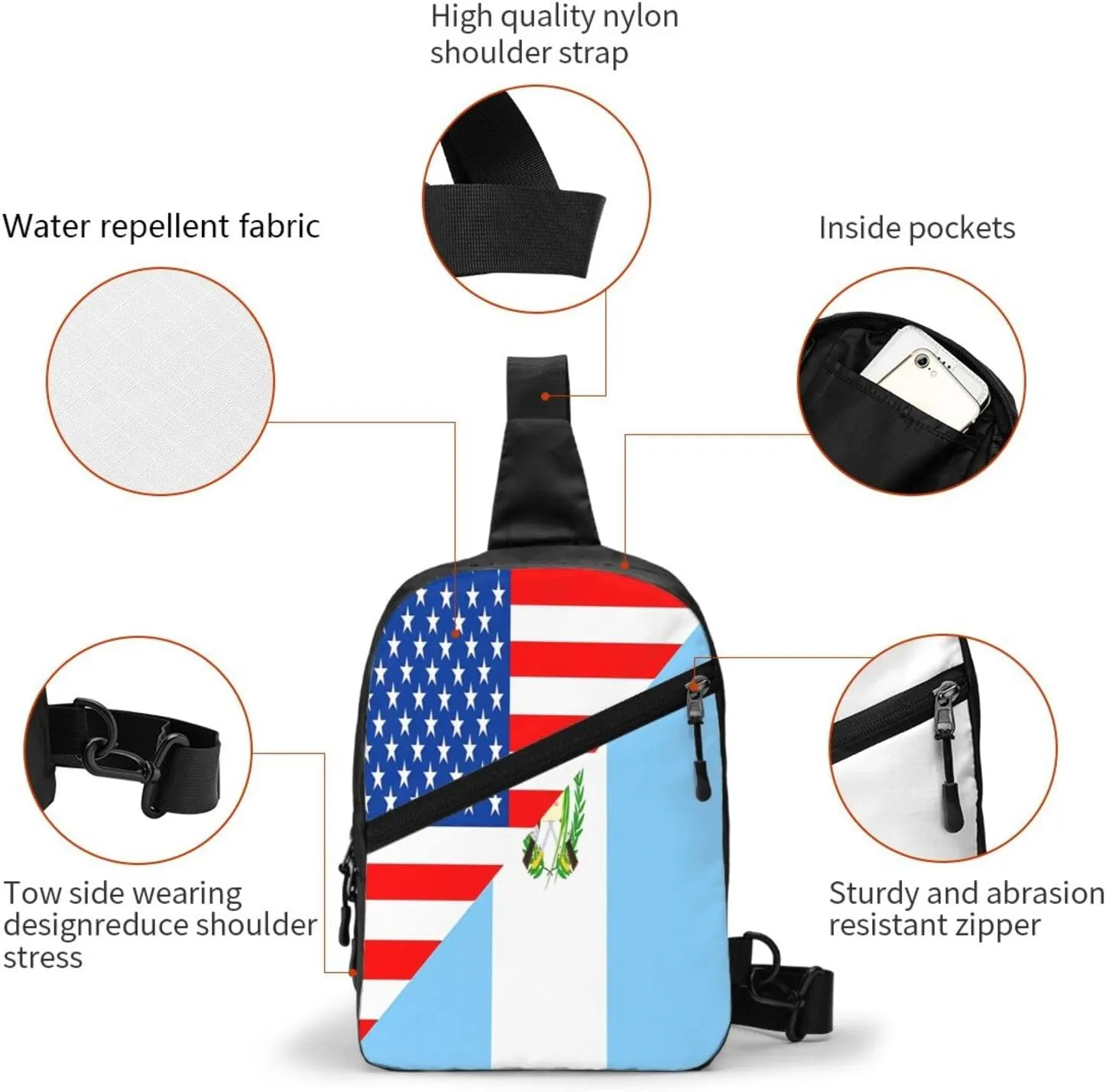 Half American Guatemala Guatemalan Flag Crossbody Bag Portable Sling Bags Foldable Chest Daypack Reusable Sports Shoulder Backpack Diagonally Casual Rucksack Travel Bag