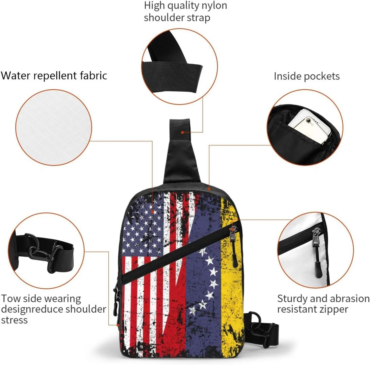 Half American Venezuelan Venezuela Flag Crossbody Bag Portable Sling Bags Foldable Chest Daypack Reusable Sports Shoulder Backpack Diagonally Casual Rucksack Travel Bag