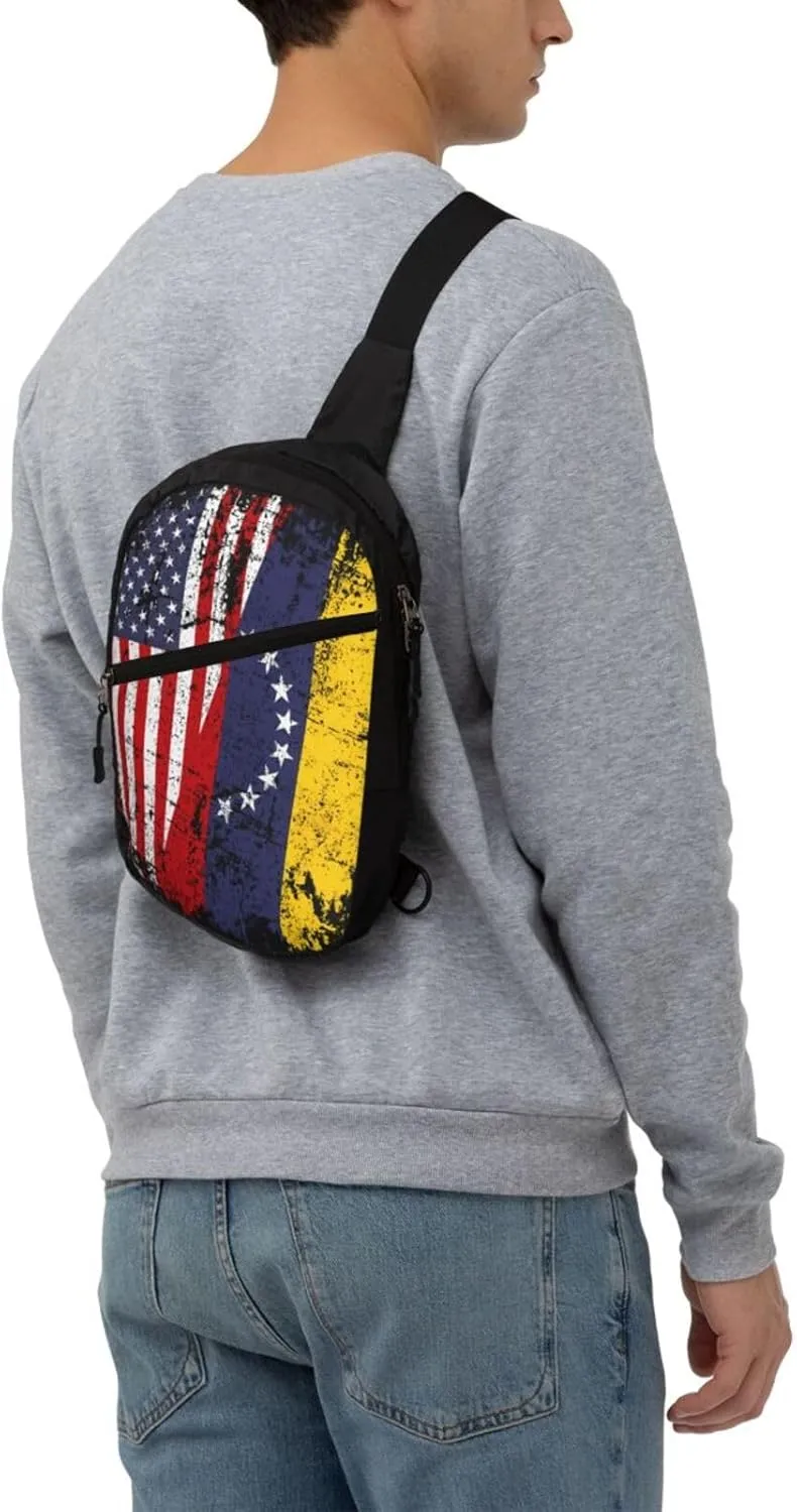 Half American Venezuelan Venezuela Flag Crossbody Bag Portable Sling Bags Foldable Chest Daypack Reusable Sports Shoulder Backpack Diagonally Casual Rucksack Travel Bag