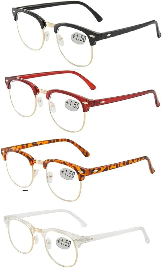 Half frame Retro Semi Rimless Clear Lens Glasses Blue Blocking Eyewear For Men Women (4 pack Reading 1.5 x)